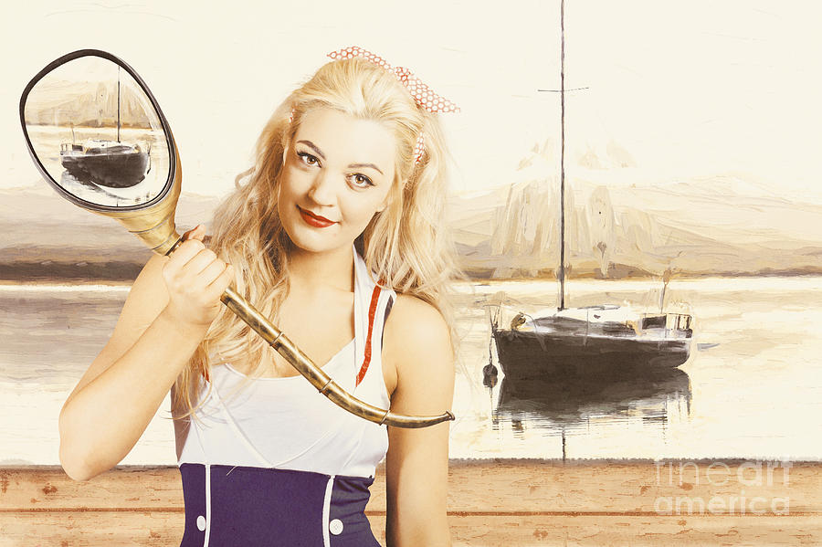 Retro pin up sailor woman with nautical periscope Digital Art by Jorgo Photography