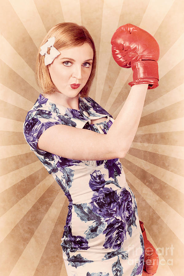 Vintage Photograph - Retro pinup boxing girl fist pumping glove hand  by Jorgo Photography