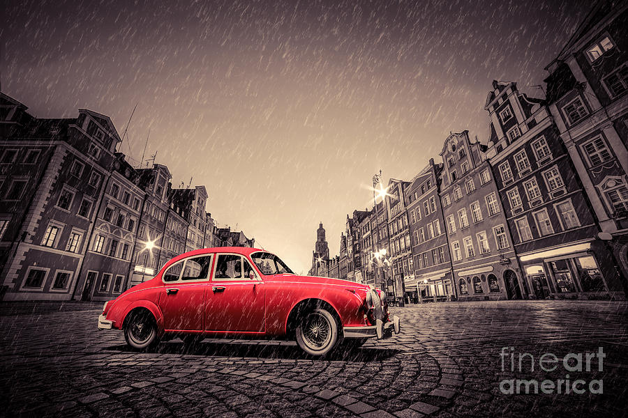 Retro red car on cobblestone historic old town in rain. Wroclaw, Poland Photograph by Michal Bednarek