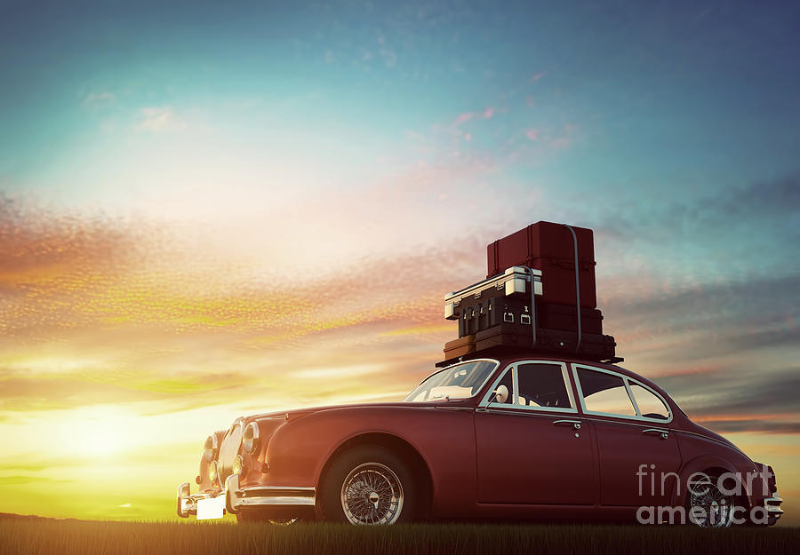 Retro red car with luggage on roof rack at sunset. Travel, vacation concepts. Photograph by Michal Bednarek