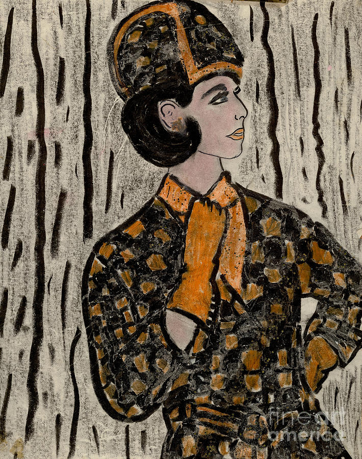 Retro Sixties Model in Black and Orange Drawing by Sonya Chalmers