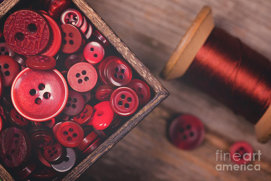 Retro styled red buttons and thread Photograph by Jane Rix