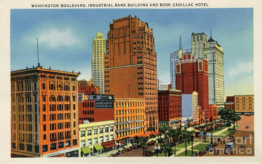 Retro Vintage Detroit Washington Boulevard Bank Building Cadillac Hotel Digital Art by Heidi De Leeuw