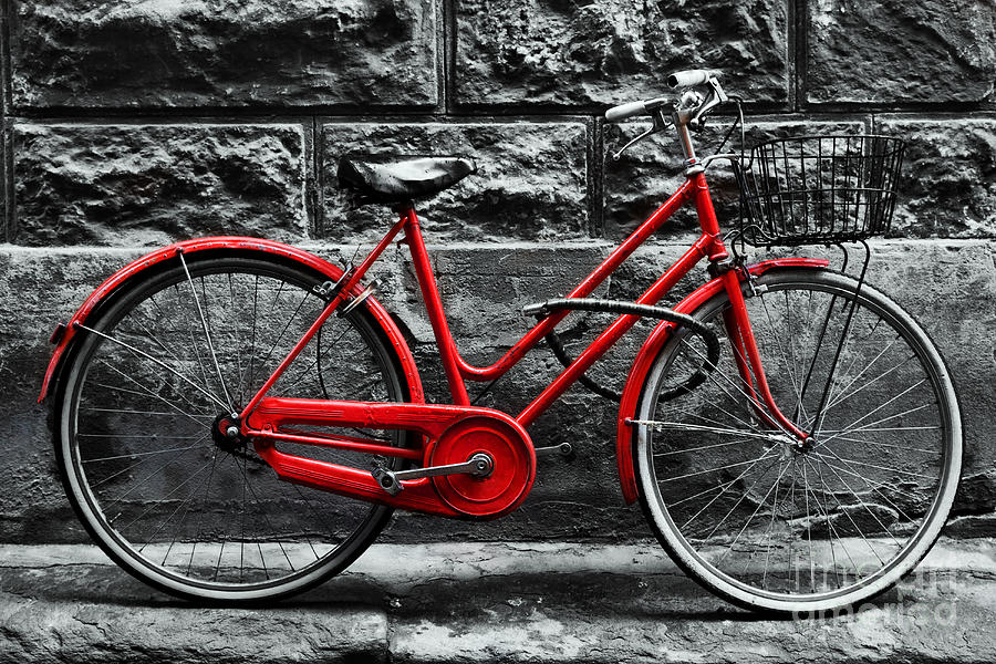 Vintage Photograph - Retro vintage red bike on black and white wall by Michal Bednarek