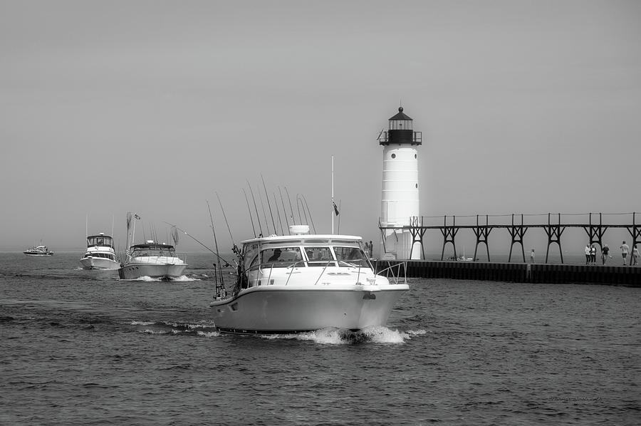 Returning To The Harbor North Pierhead Lighthouse Manistee Michigan BW Photograph by Thomas Woolworth
