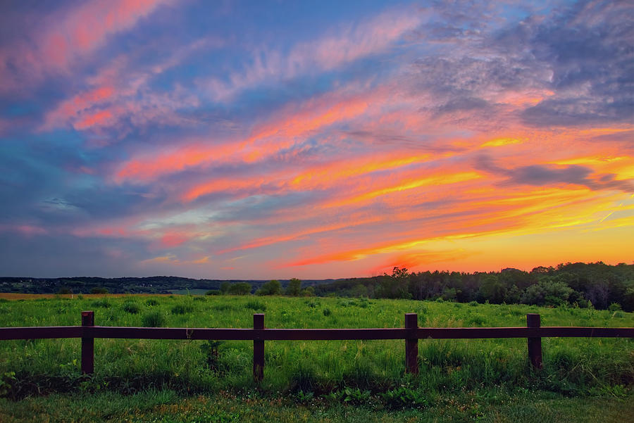 Retzer Nature Center - Summer Sunset over Field and Fence Photograph by Jennifer Rondinelli Reilly - Fine Art Photography