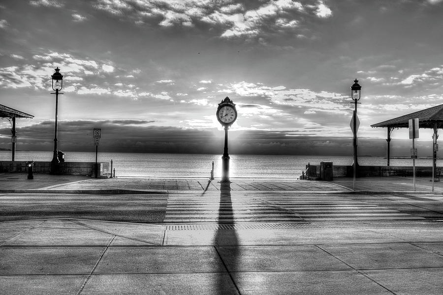 Revere Beach Clock at Sunrise Long Shadow Revere MA Black and White Photograph by Toby McGuire