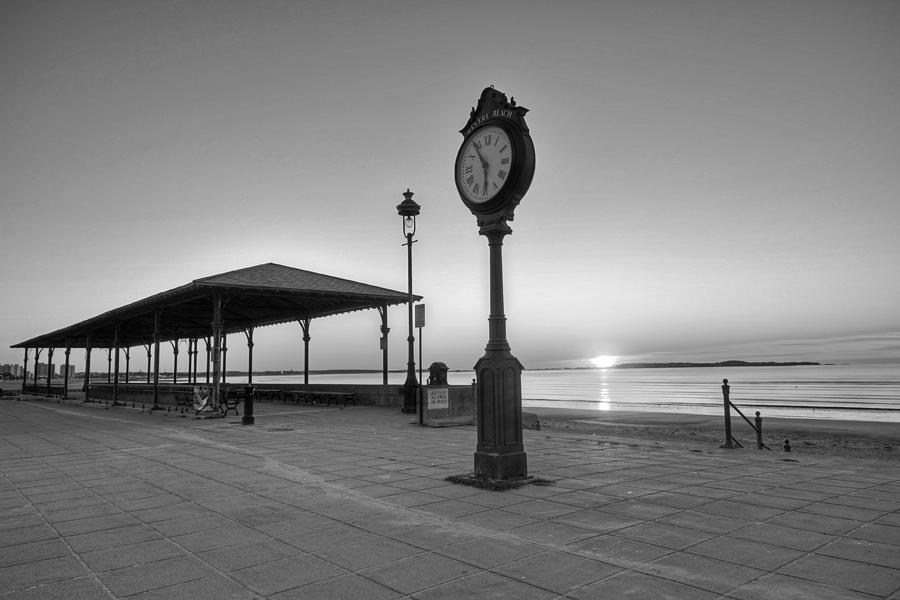 Revere Beach Clock at sunrise Revere MA black and white Photograph by Toby McGuire