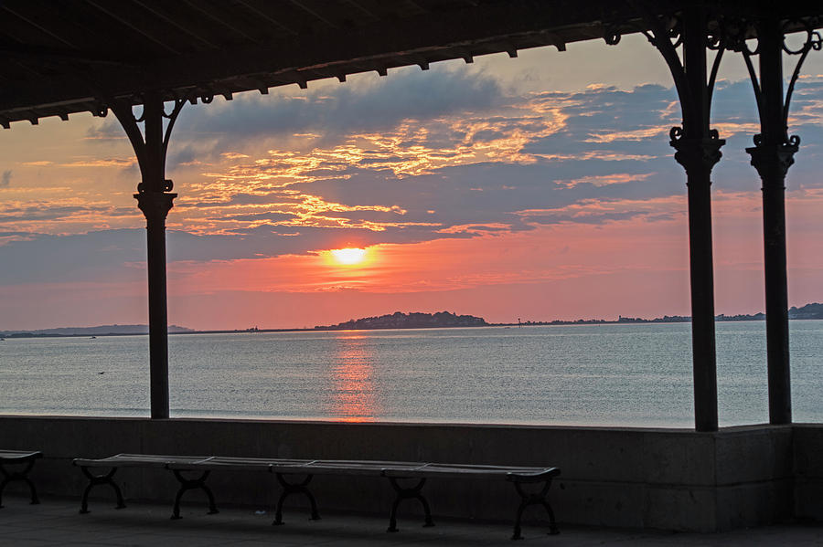 Revere Beach Sunrise Revere MA Clouds Bench Photograph by Toby McGuire
