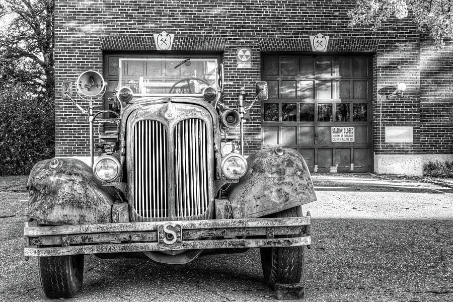 Revere Fire Station Revere MA in Autumn Fire Truck Black and White Photograph by Toby McGuire