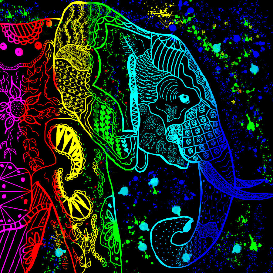 Rainbow Zentangle Elephant with Black Background Painting by Becky Herrera