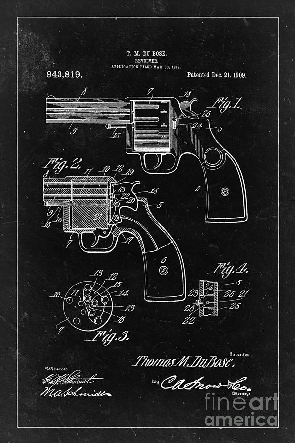 Vintage Drawing - Revolver patent from 1909 - black by Delphimages Photo Creations