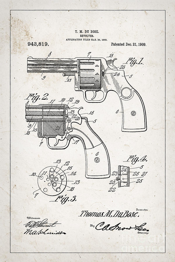 Vintage Drawing - Revolver patent from 1909 by Delphimages Photo Creations