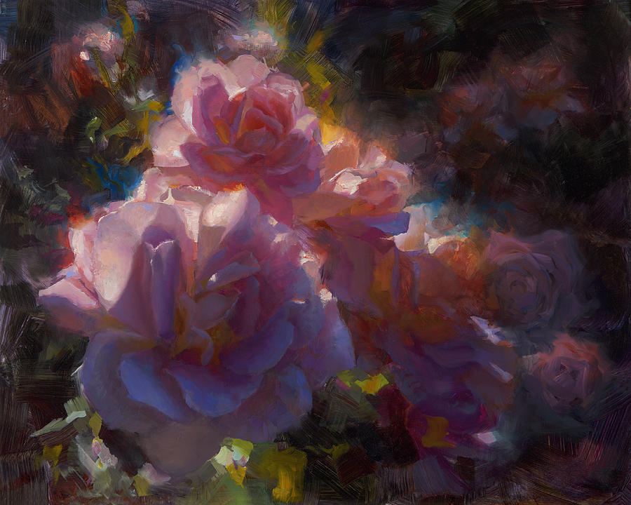Pink Roses Painting - Rhapsody Roses - Flowers in the Garden Painting by K Whitworth