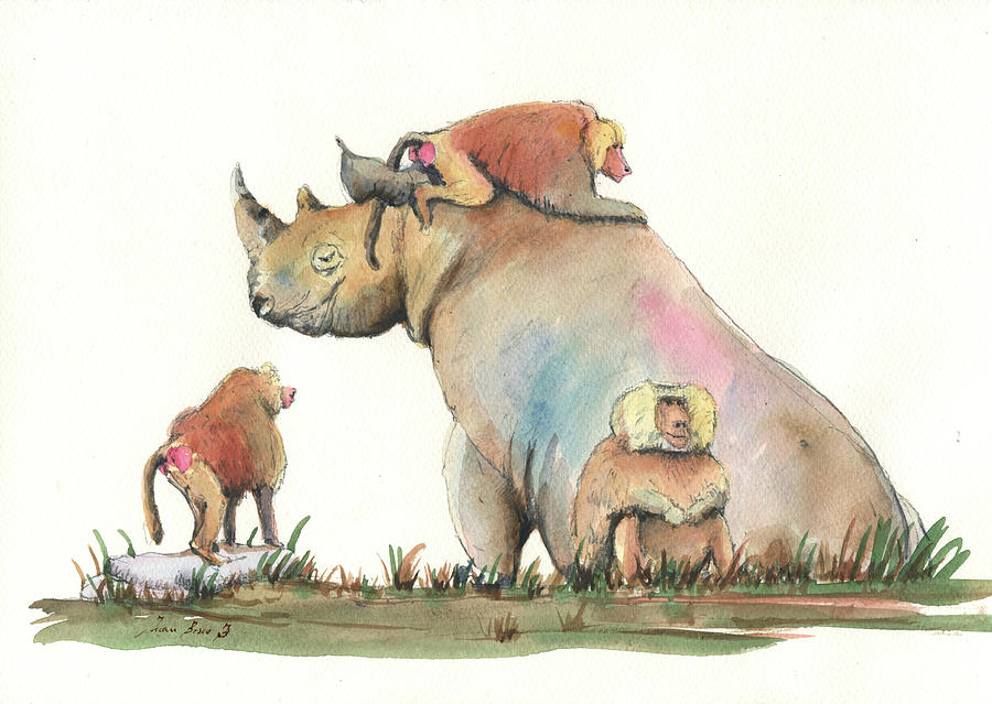 Baboons Painting - Rhino and baboons by Juan Bosco