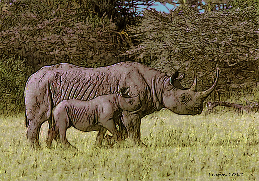 Rhino Mother And Calf Digital Art by Larry Linton