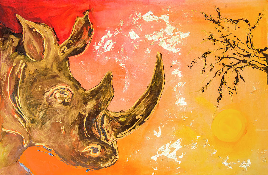 Rhino Sunset Painting by Rina Bhabra
