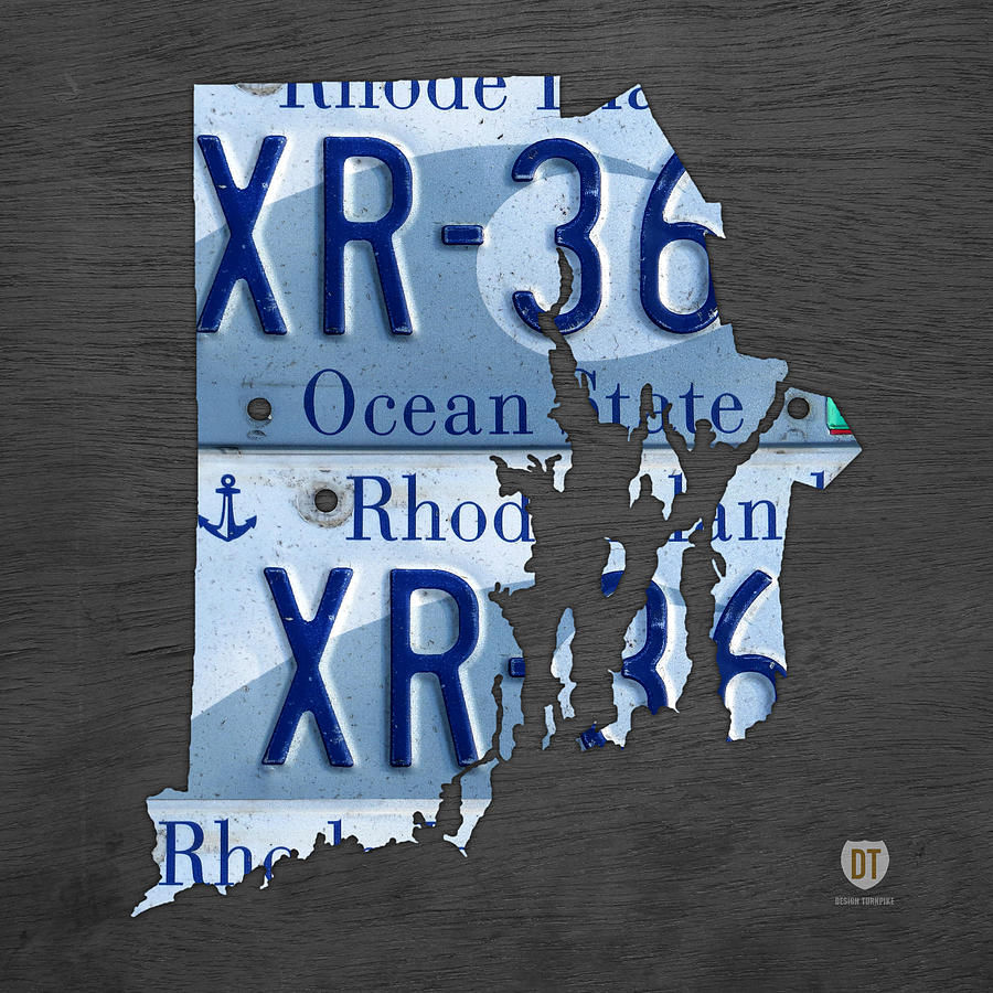 Rhode Island Mixed Media - Rhode Island State License Plate Map Recycled Car Tag Art by Design Turnpike