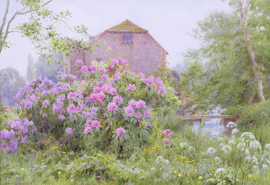 Landscape Painting - Rhododendrons by a watermill by George Marks