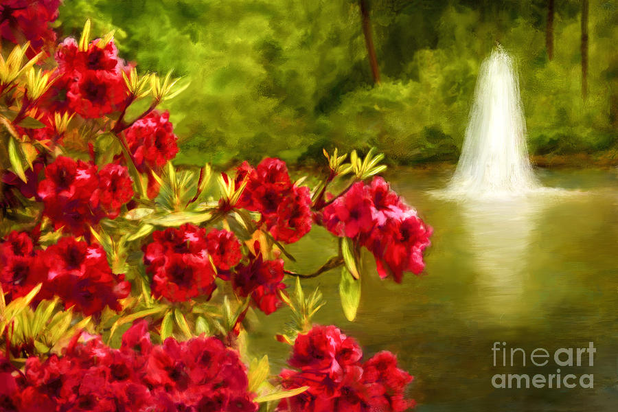 Painted Rhododendrons Fountain In Pond   Painting by Sherry Curry