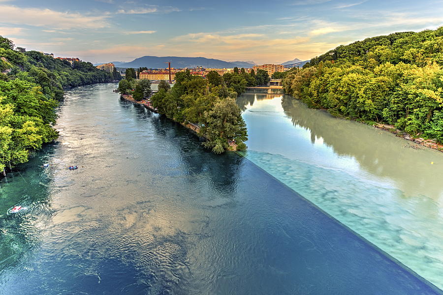 Rhone And Arve River Confluence, Geneva, Switzerland, Hdr Photograph