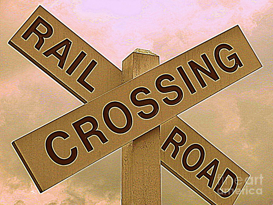 RailRoad Crossing sign - Pink Misty Sky  Painting by Janine Riley