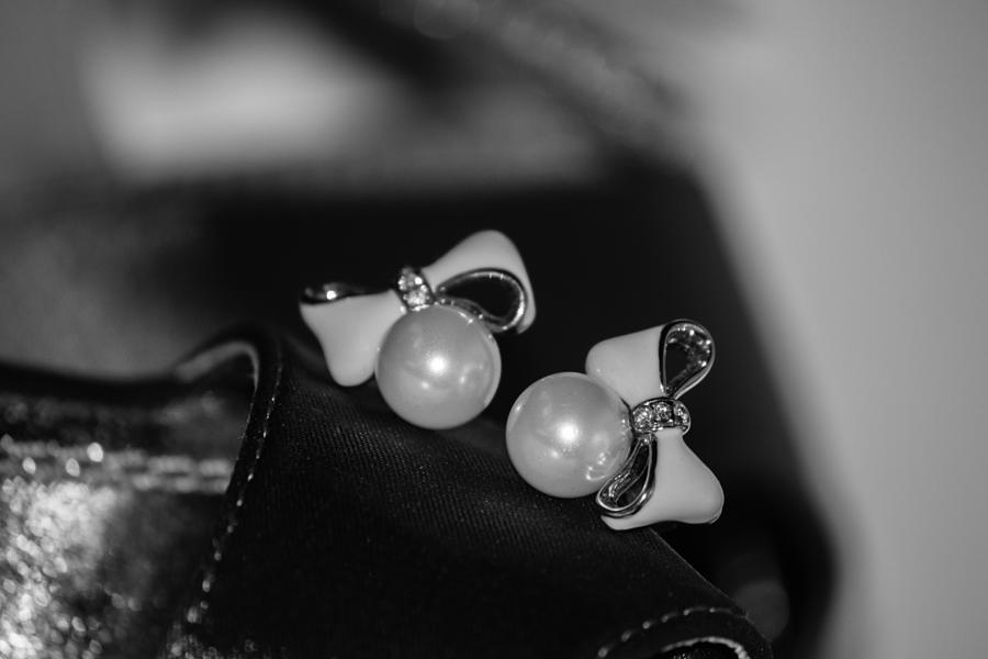 Ribbon With Pearl Earrings in Black and White Photograph by Ester McGuire