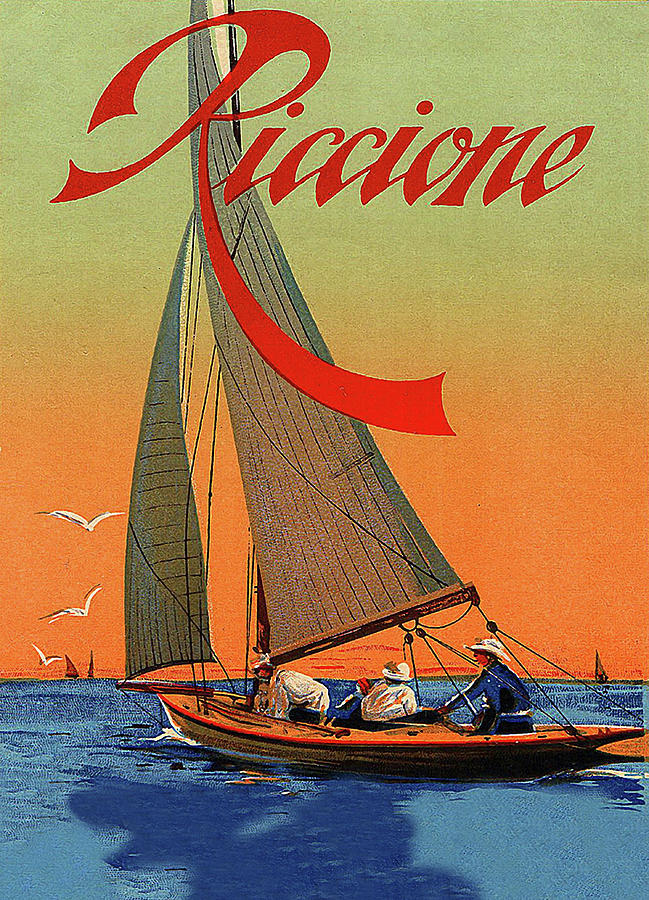 Riccione, Italy, sail boat, vintage travel poster Painting by Long Shot