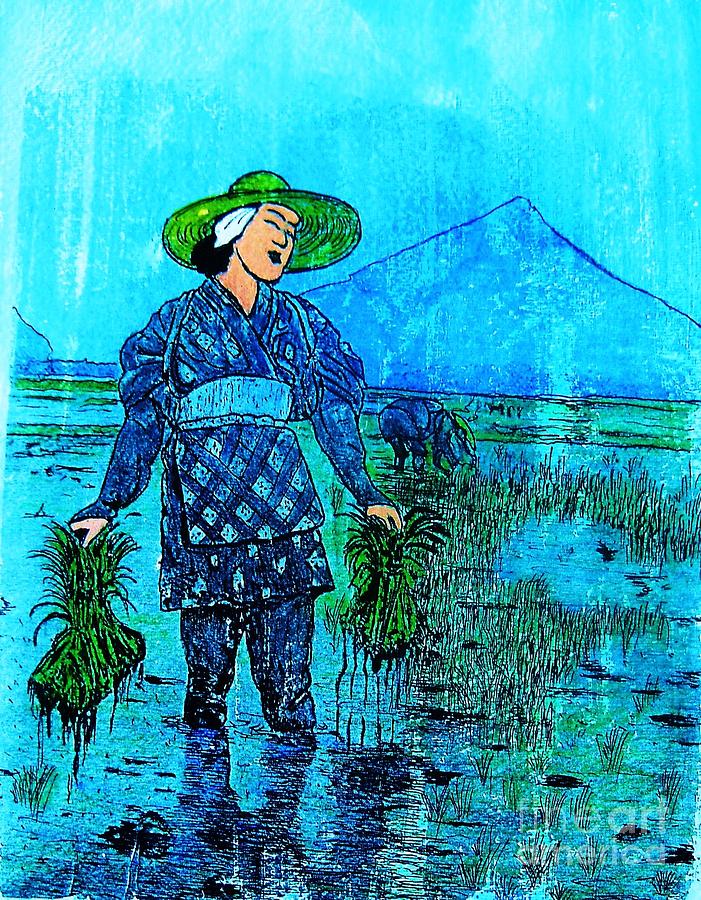 Rice field blues Painting by Thea Recuerdo