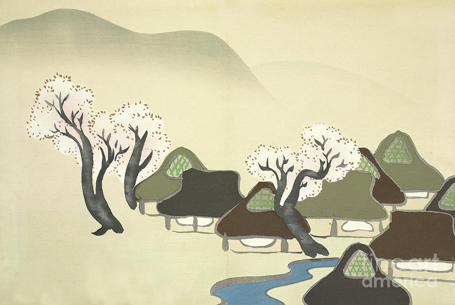 Rice Paddies and Houses in Spring Painting by Kamisaka Sekka