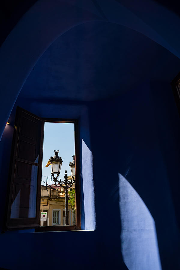 Rich Blues and Purples - Through the Window of Antoni Gaudi Gatekeepers House in Park Guell Photograph by Georgia Mizuleva