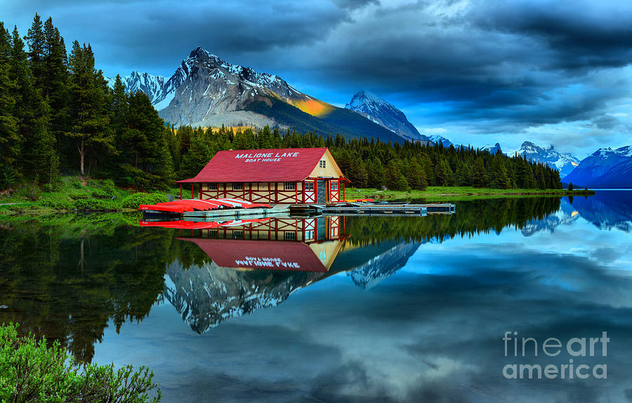 Rich Sunset Colors At The Maligne Lake Boathouse Photograph by Adam Jewell