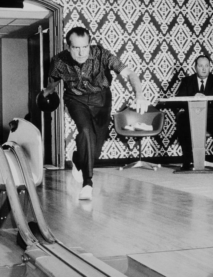 Portrait Photograph - Richard Nixon Bowling At The White by Everett