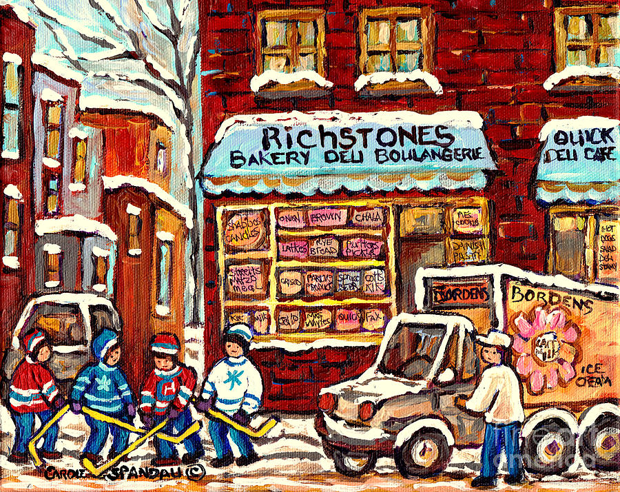 Richstone Bakery Montreal Memories Bordens Milk Truck Street Hockey Art Carole Spandau              Painting by Carole Spandau