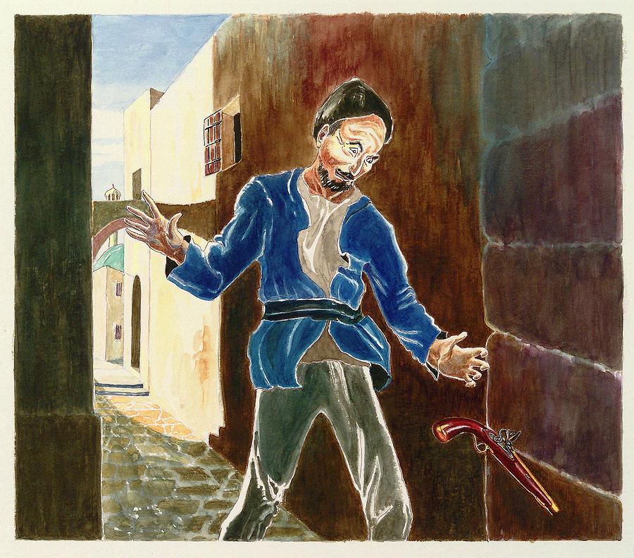 Rida Turk aimed his gun at Bahaullah but trembled and dropped it. Painting by Sue Podger