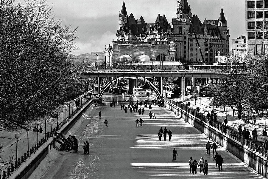Rideau Canal is open for skating BW Photograph by Tatiana Travelways