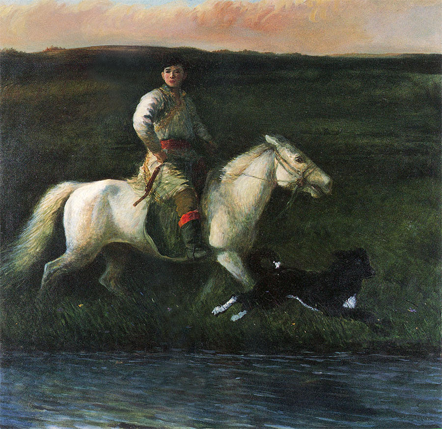 Rider along the rivulet Painting by Ji-qun Chen