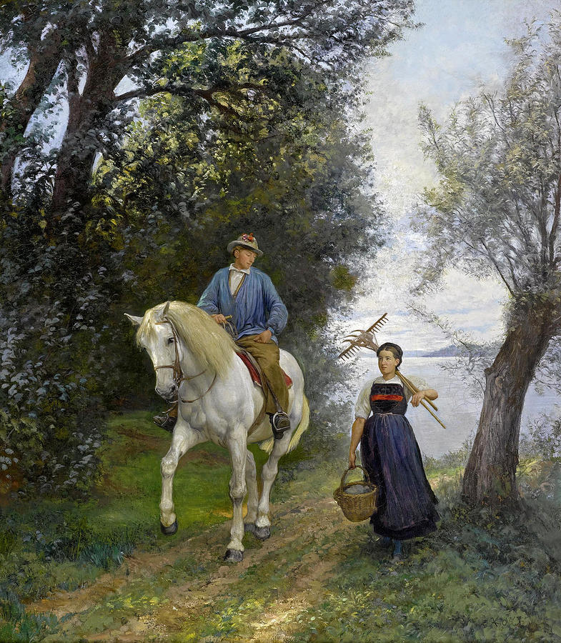 Rider and Farmers Wife at the Lake Painting by Rudolf Koller