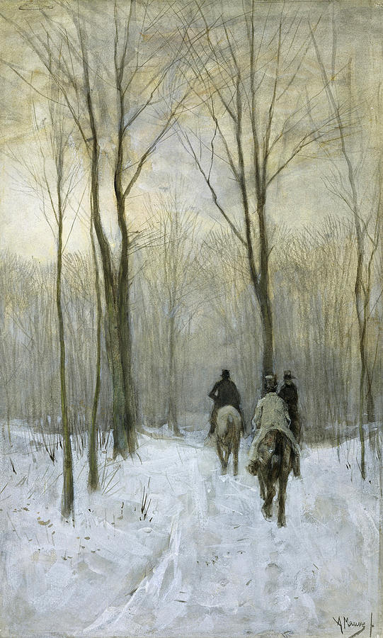 Riders in the Snow in the Haagse Bos Drawing by Anton Mauve