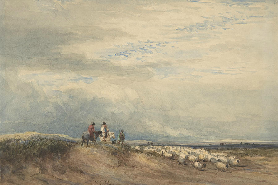Riders with Sheep near an Estuary Drawing by David Cox