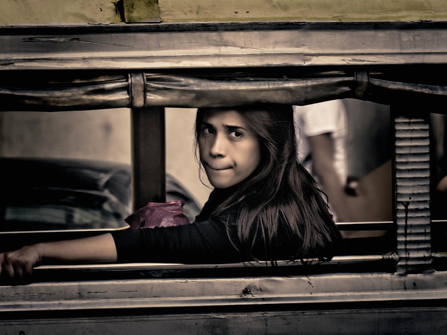 Black And White Photograph - Riding A Jeepney 2 by Claude LeTien