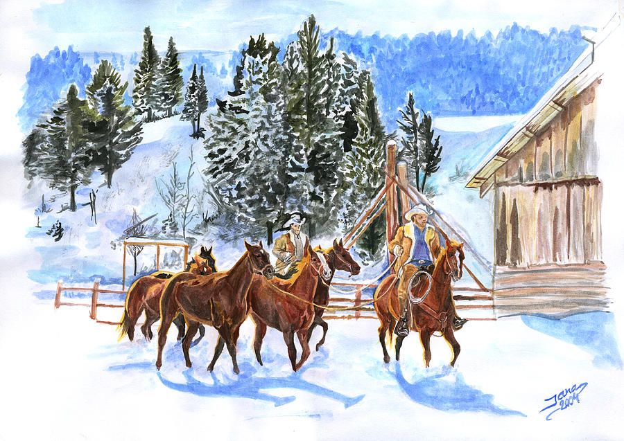 Winter Painting - Riding home for Christmas by Jana Goode