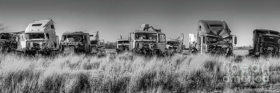 Truck Photograph - Rig Graveyard along Route 66 BW by Twenty Two North Photography