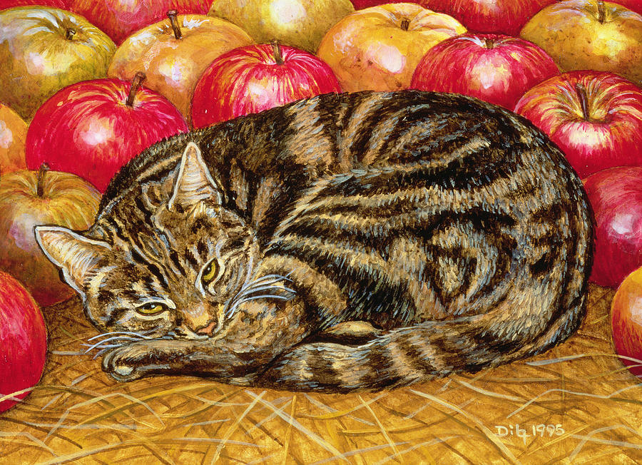 Apple Painting - Right Hand Apple Cat by Ditz