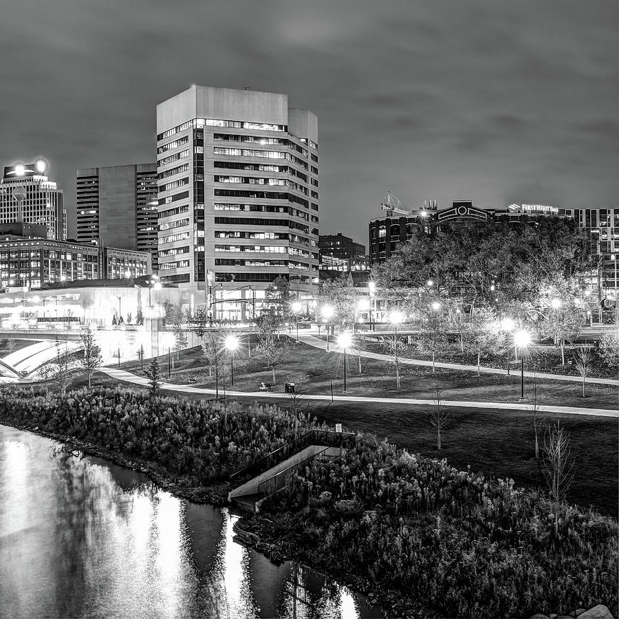 Right Panel 3 of 3 - Columbus Ohio Skyline at Night in Black and White Photograph by Gregory Ballos