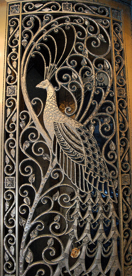 Architecture Photograph - Right Peacock Door in watercolor - The Palmer House in Chicago by Suzanne Gaff