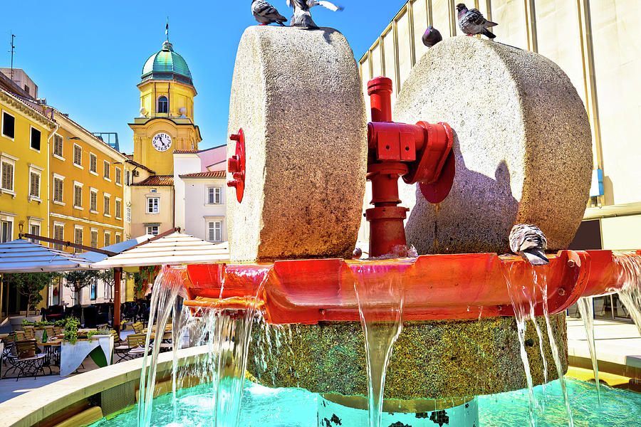 Rijeka square and fountain view with clock tower gate Photograph by Brch Photography