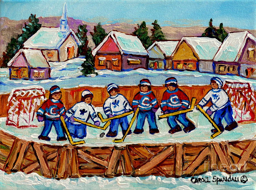 Rink Hockey Game In The Country Winter Village Snowscene Canadian Landscape C Spandau Quebec Artist  Painting by Carole Spandau