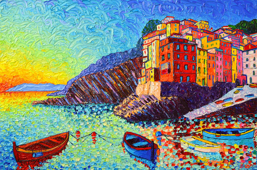 Riomaggiore Sunset - Cinque Terre Italy - Palette Knife Oil Painting By Ana Maria Edulescu Painting by Ana Maria Edulescu