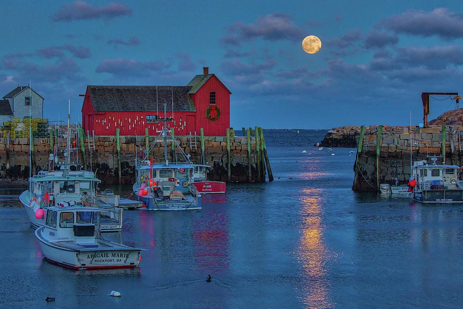 Rising Full Moon over Massachusetts Rockport Harbor Village Photograph by Juergen Roth
